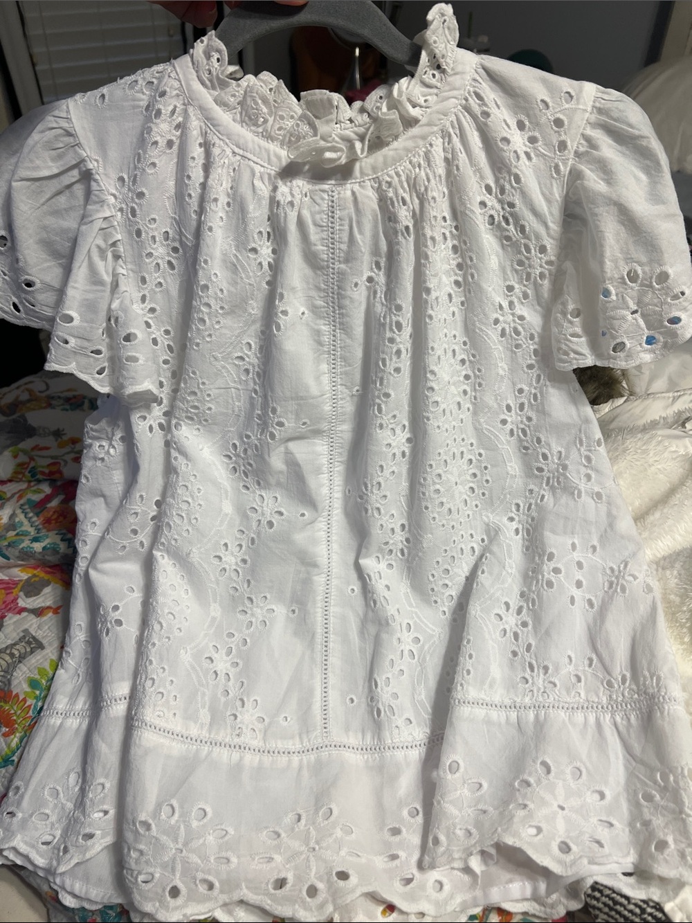 Crown & Ivy White Eyelet Ruffled Sleeve Top Size M NWT